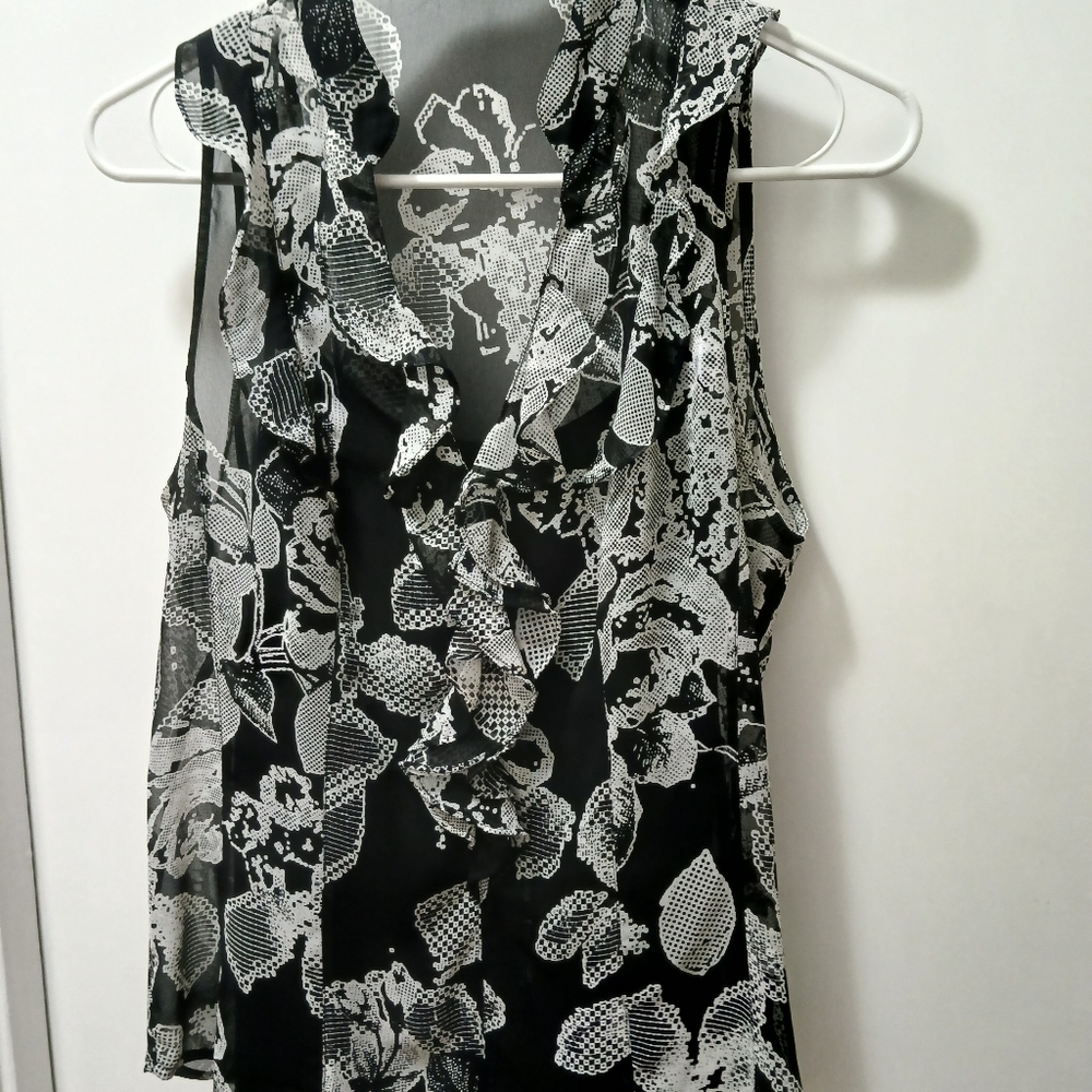 Express Black and White Ruffled Sleeveless Blouse